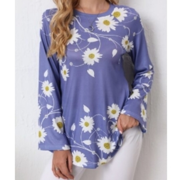 NEW Women's Tunic Stretch Top Daisies Purple Long Slv Raglan PLUS XXL Emery Rose - Picture 1 of 10
